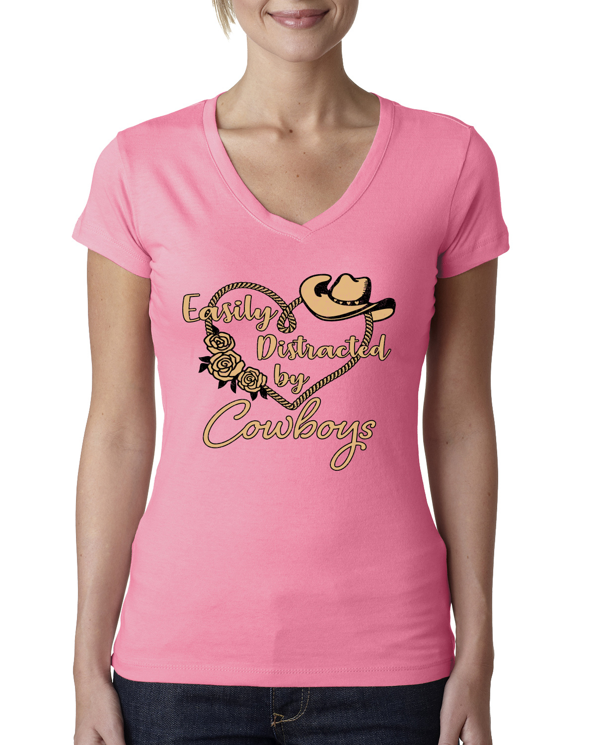 Easily Distracted by Cowboys Southern West Wild Women Junior V-Neck Tee - Picture 10 of 13