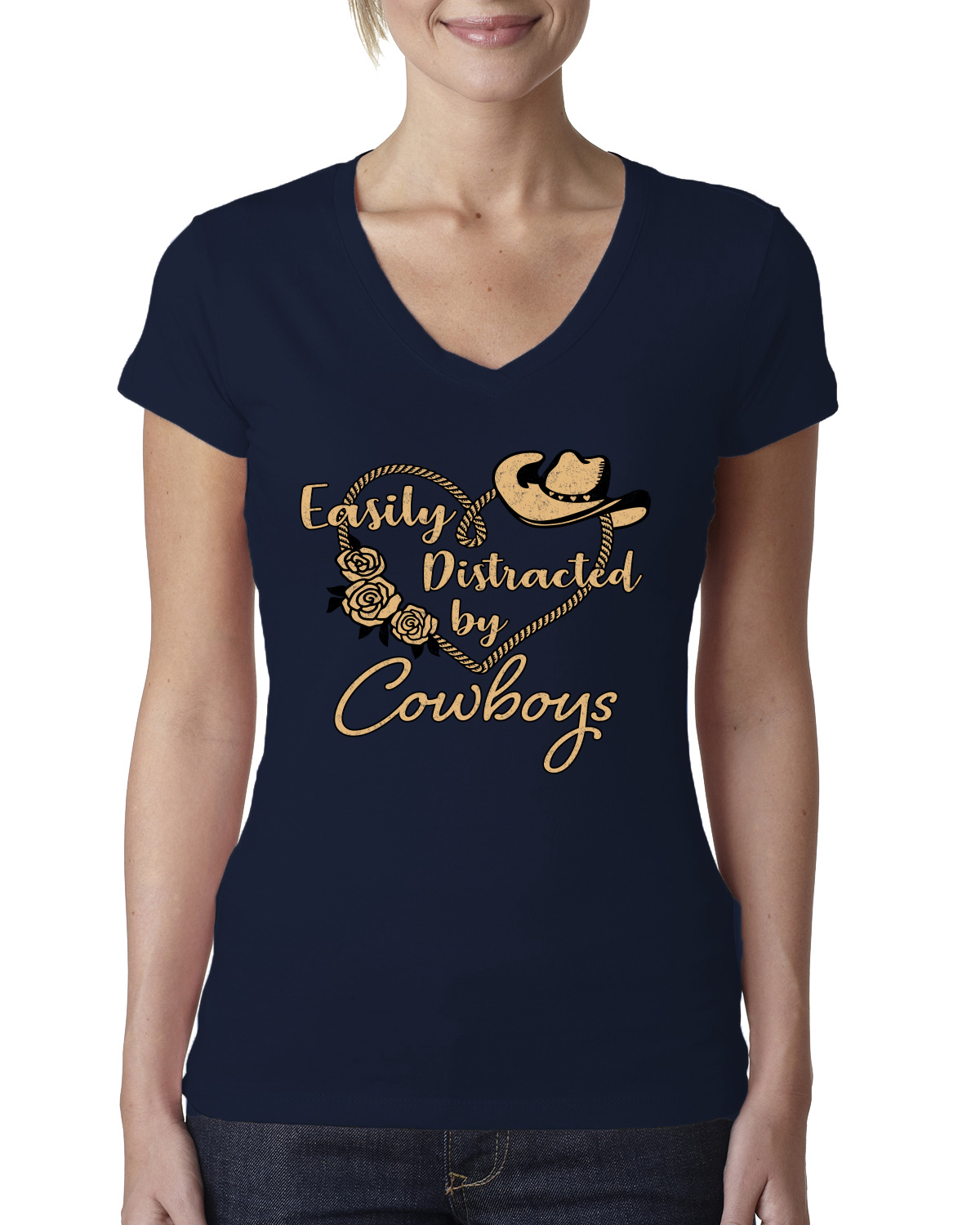 Easily Distracted by Cowboys Southern West Wild Women Junior V-Neck Tee - Picture 5 of 13