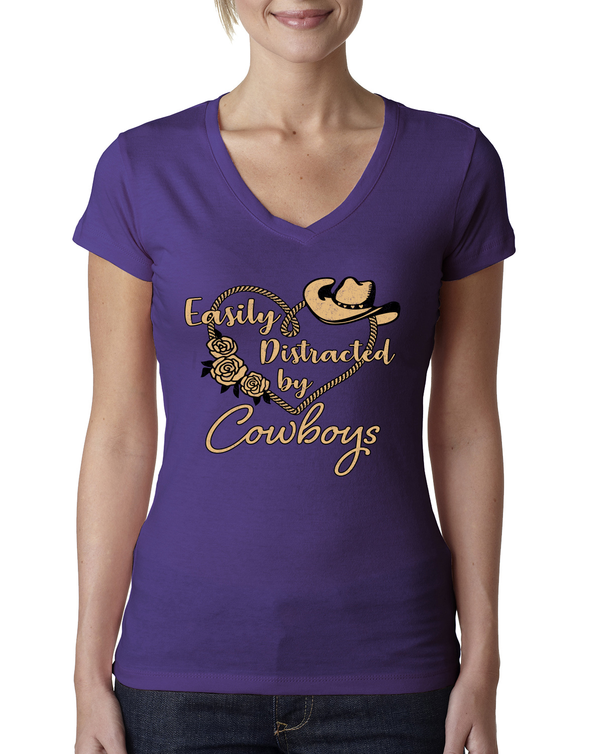 Easily Distracted by Cowboys Southern West Wild Women Junior V-Neck Tee - Picture 11 of 13
