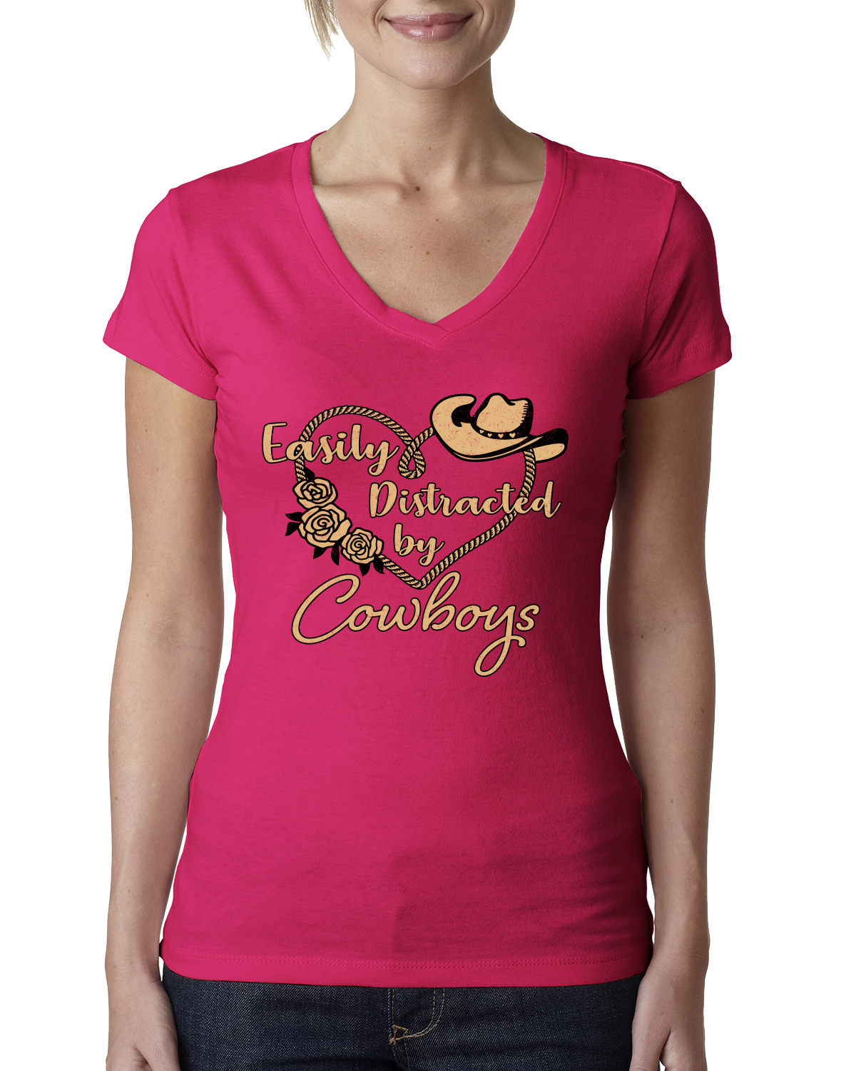 Easily Distracted by Cowboys Southern West Wild Women Junior V-Neck Tee - Picture 12 of 13