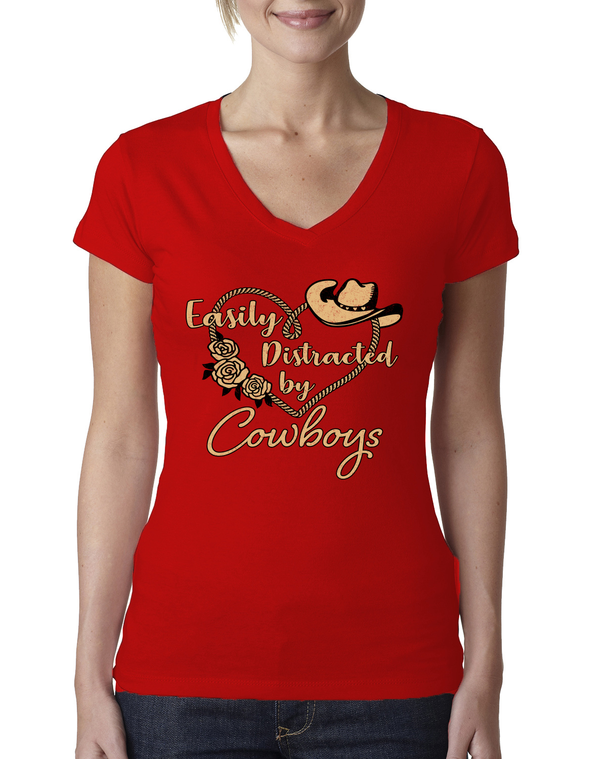Easily Distracted by Cowboys Southern West Wild Women Junior V-Neck Tee - Picture 6 of 13