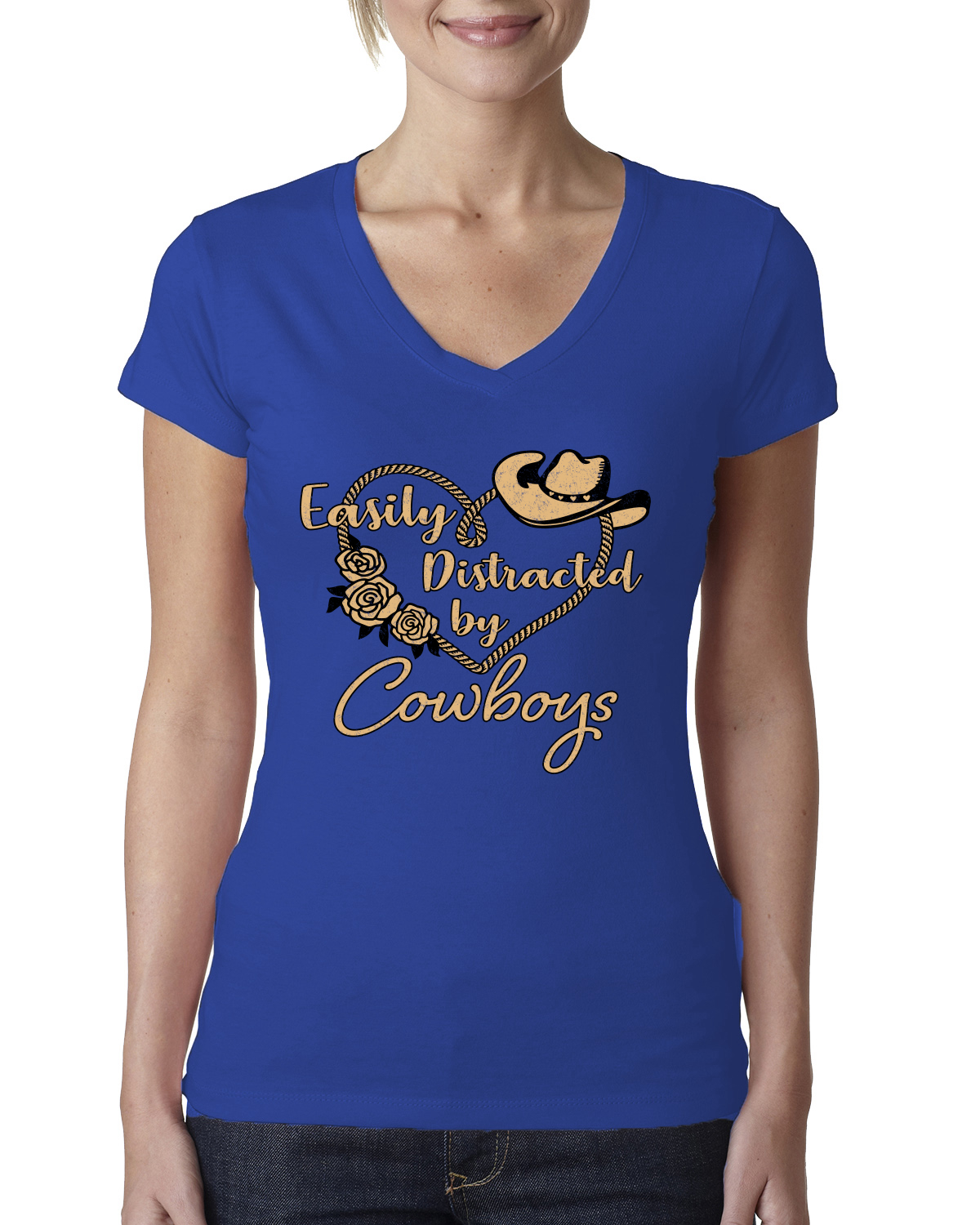 Easily Distracted by Cowboys Southern West Wild Women Junior V-Neck Tee - Picture 7 of 13