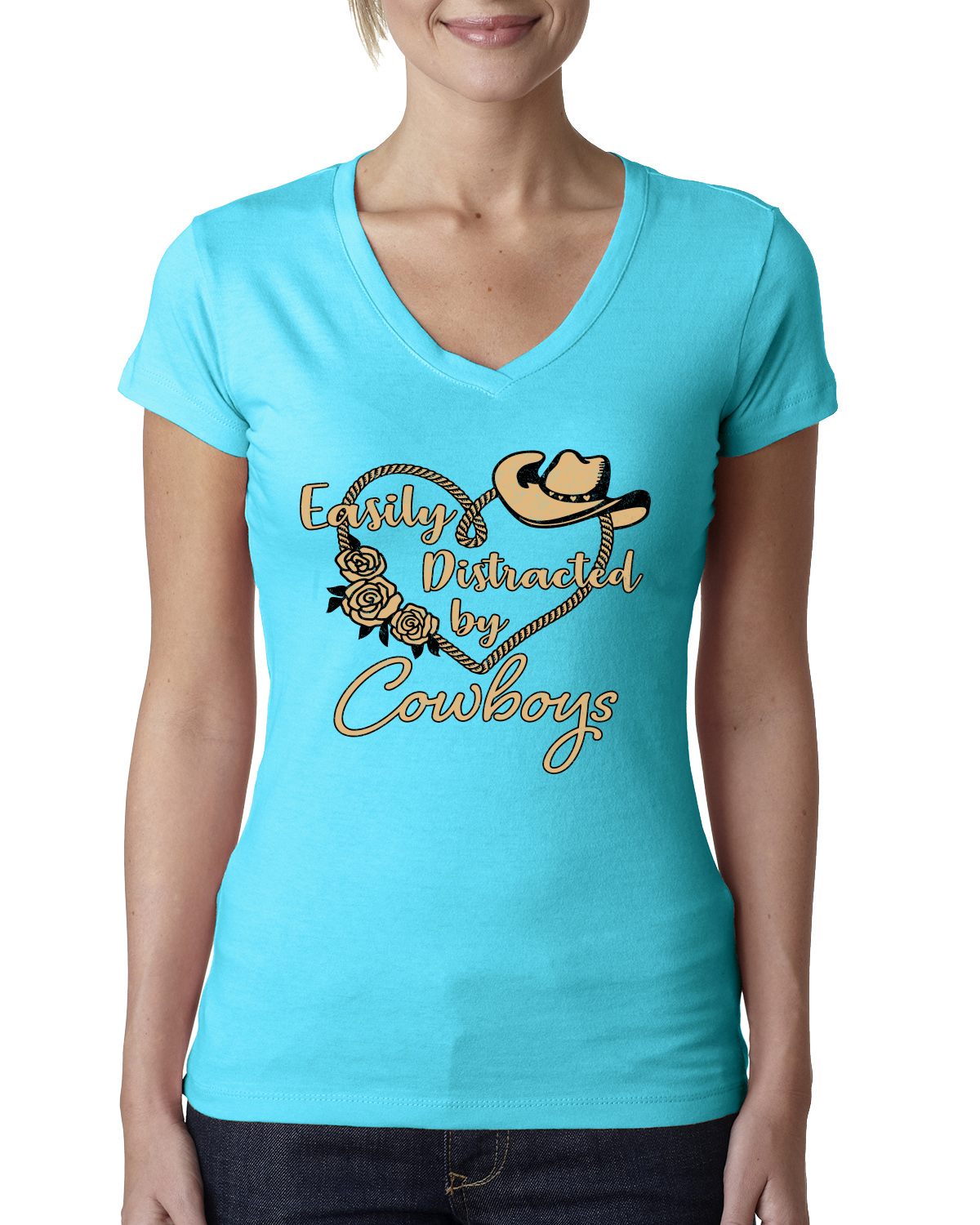 Easily Distracted by Cowboys Southern West Wild Women Junior V-Neck Tee - Picture 13 of 13