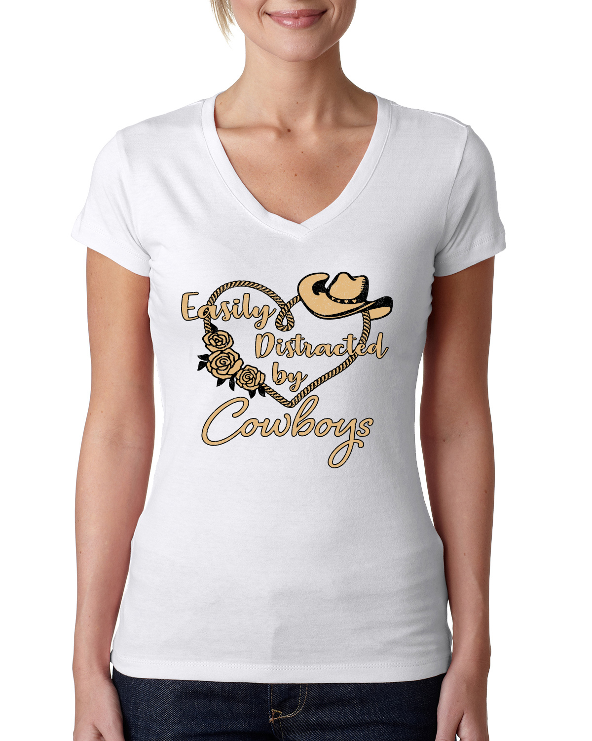 Easily Distracted by Cowboys Southern West Wild Women Junior V-Neck Tee - Picture 8 of 13