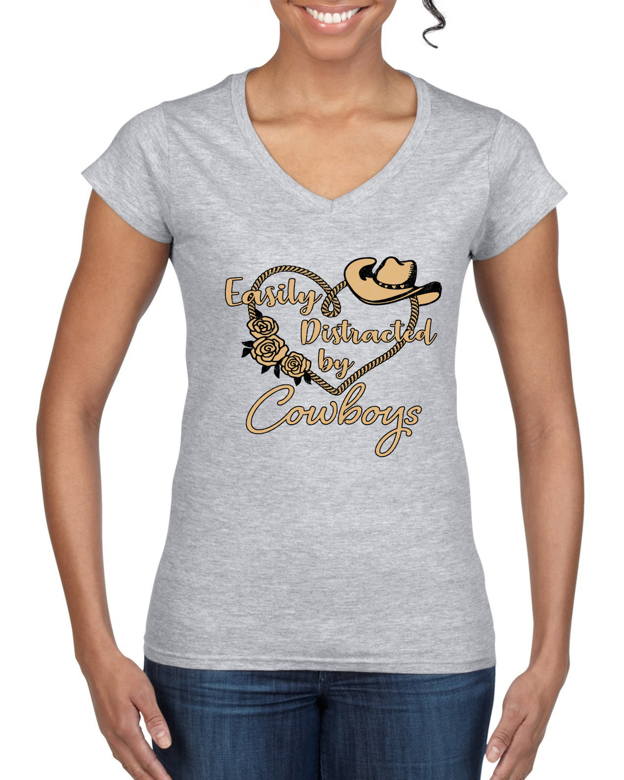 Easily Distracted by Cowboys Southern West Wild Women Standard V-Neck Tee - Picture 4 of 8