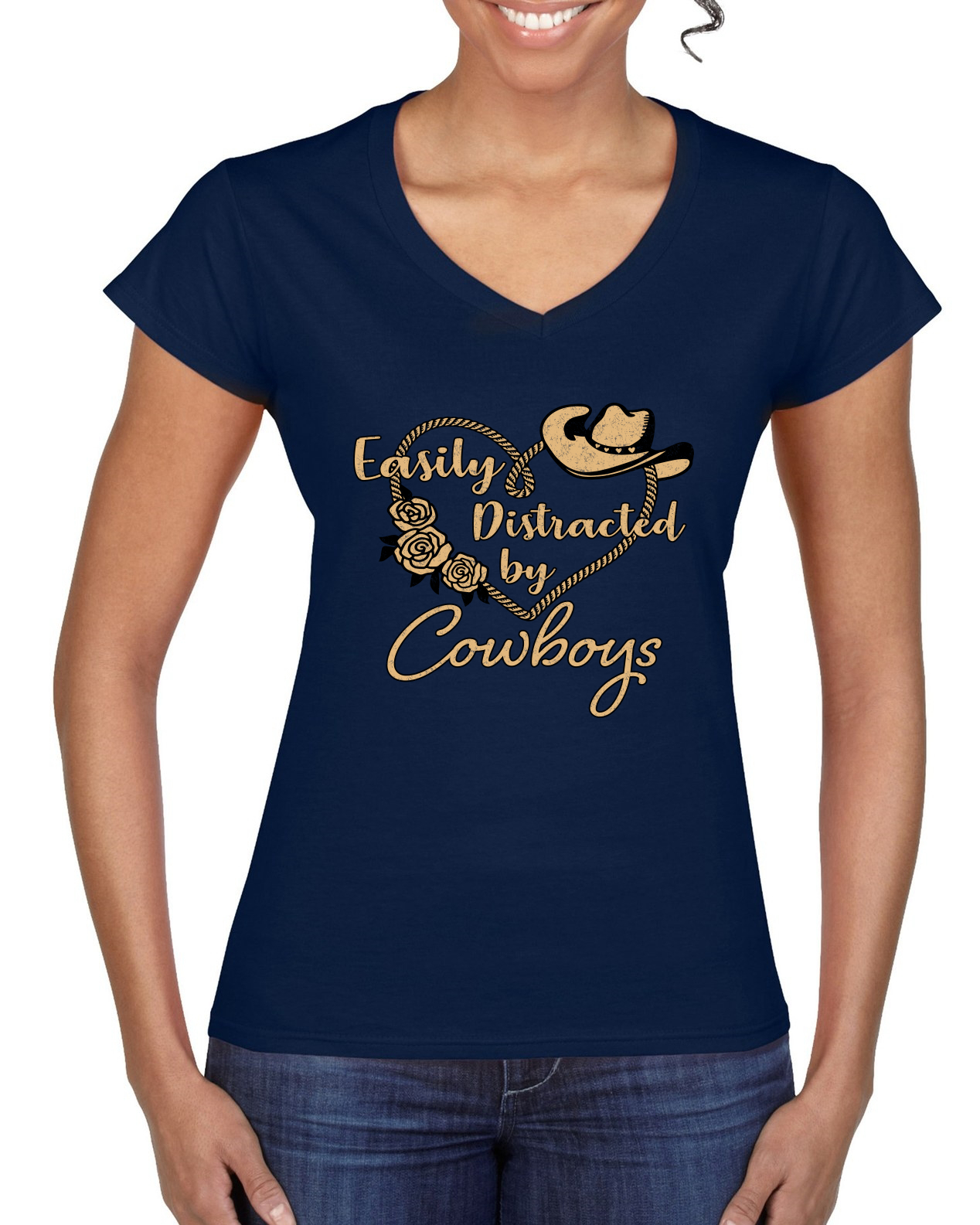 Easily Distracted by Cowboys Southern West Wild Women Standard V-Neck Tee - Picture 5 of 8