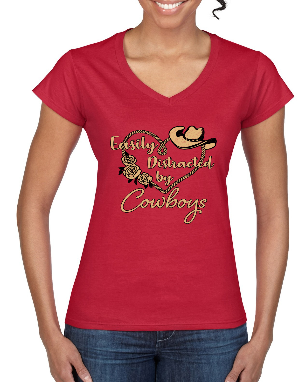 Easily Distracted by Cowboys Southern West Wild Women Standard V-Neck Tee - Picture 6 of 8