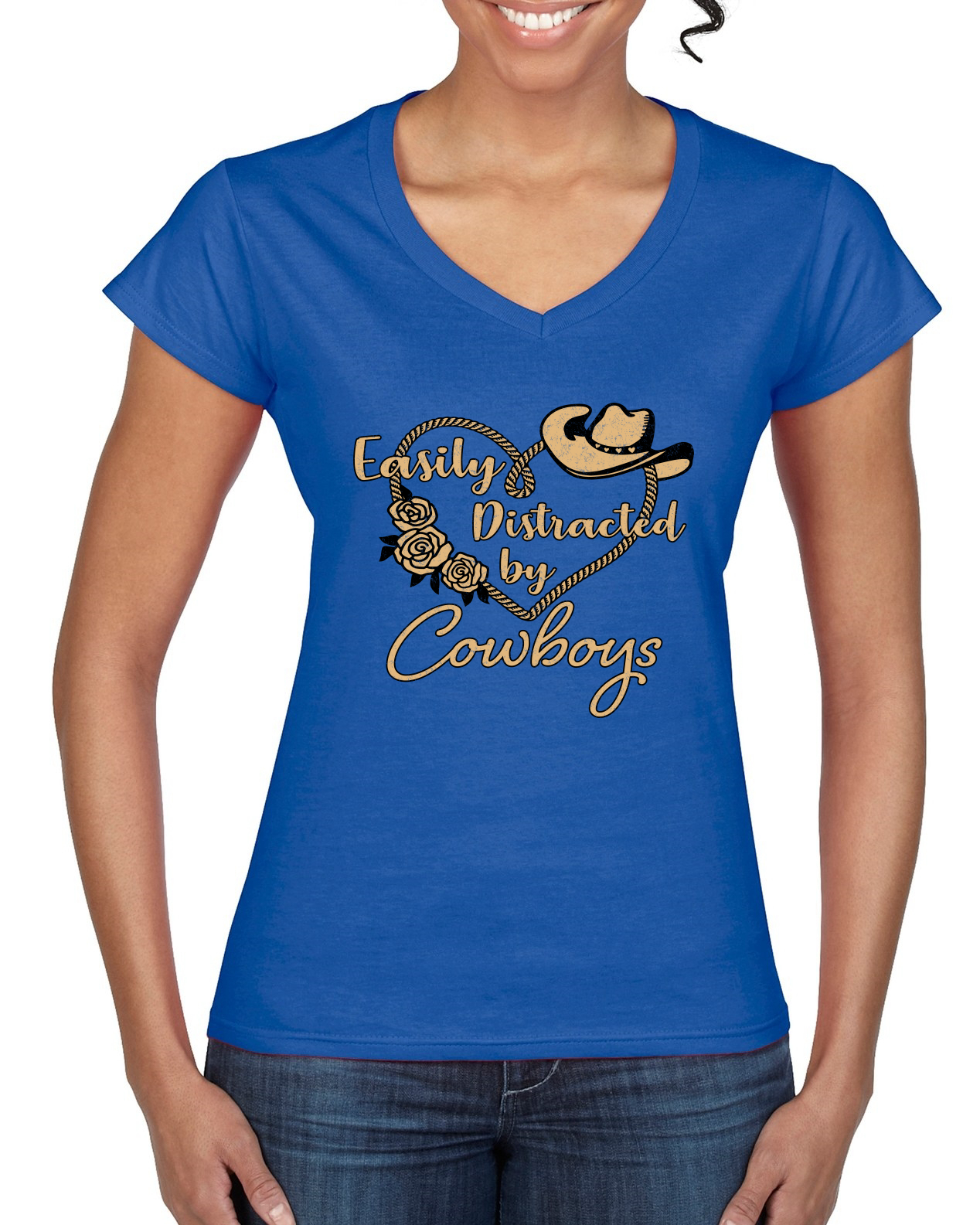 Easily Distracted by Cowboys Southern West Wild Women Standard V-Neck Tee - Picture 7 of 8