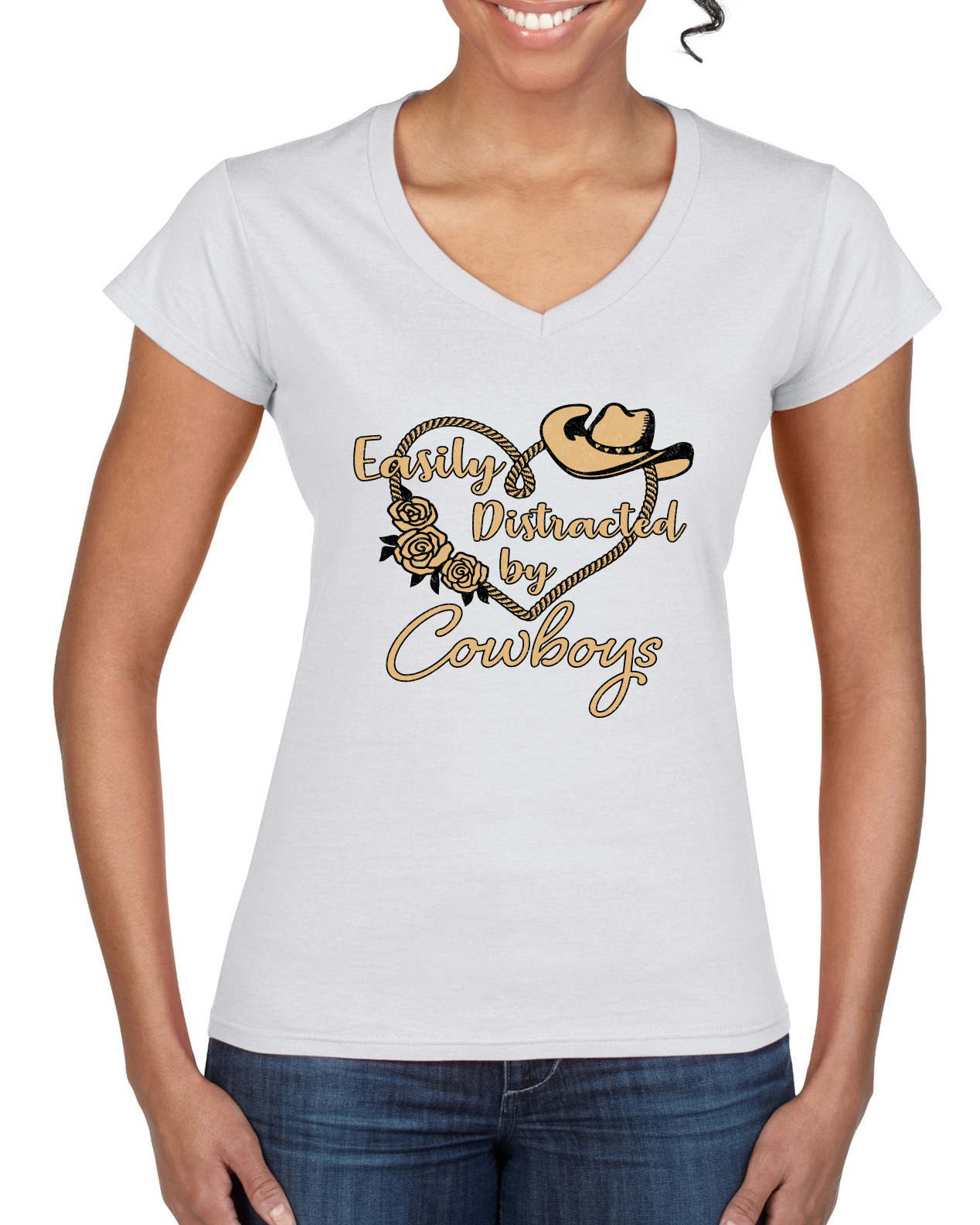Easily Distracted by Cowboys Southern West Wild Women Standard V-Neck Tee - Picture 8 of 8