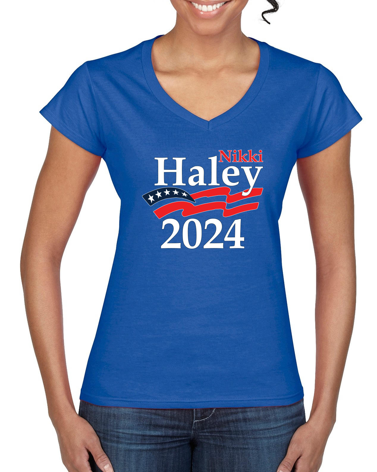 Haley 2024 Waving Flag American Pride Women Standard V-Neck Tee - Picture 7 of 7