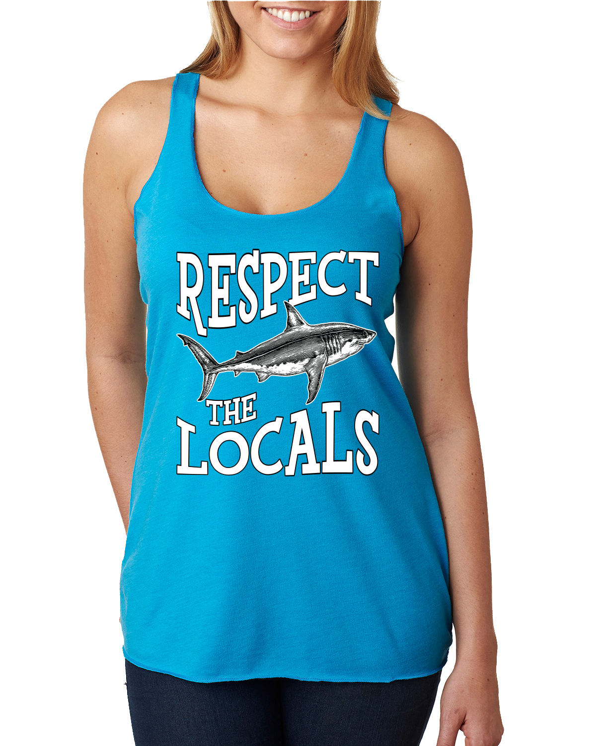 Respect The Locals Save Our Oceans Shark Animals Tri-Blend Racerback Tank Top - Picture 8 of 9