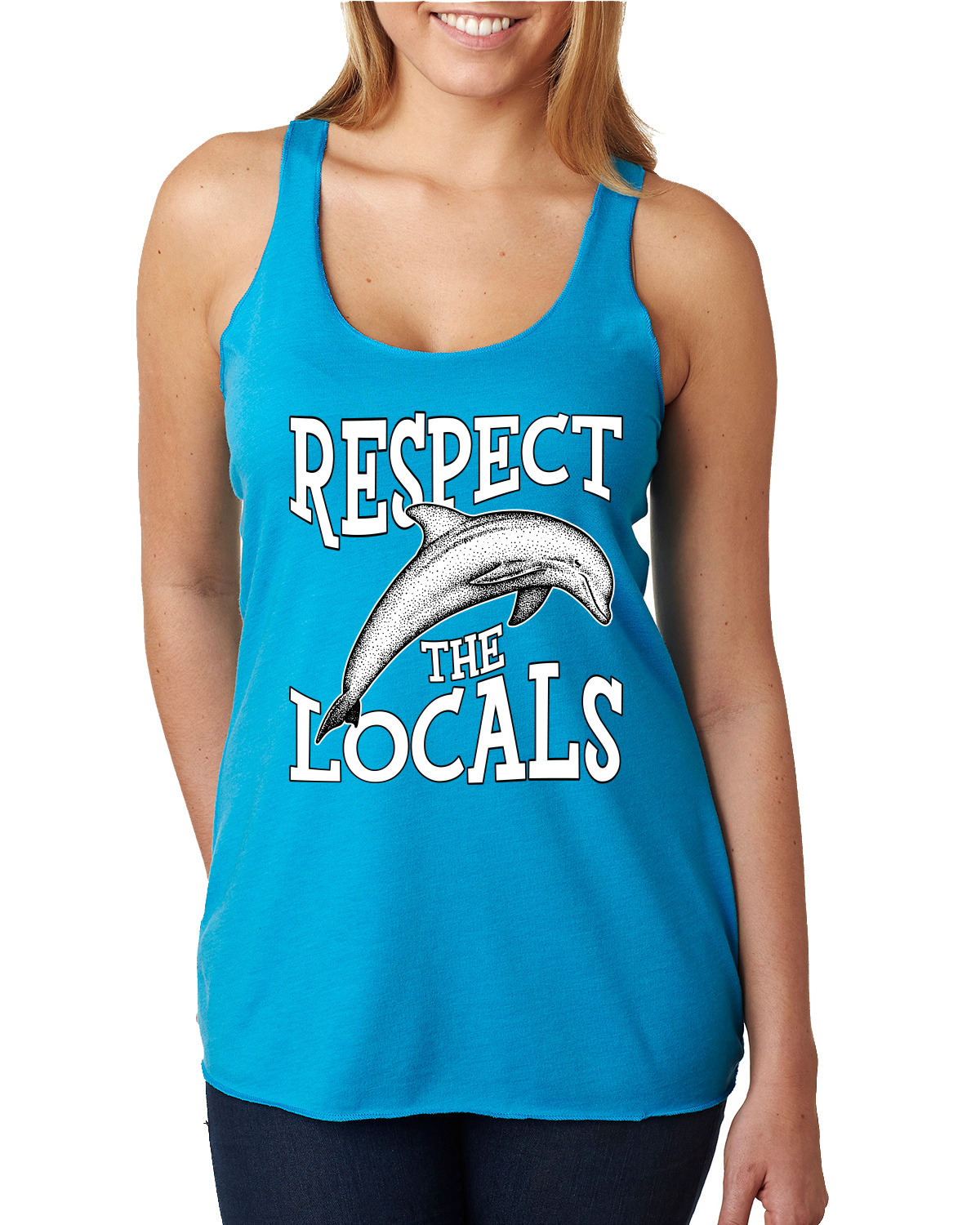 Respect The Locals Save Our Oceans Dolphin Animals Tri-Blend Racerback Tank Top - Picture 8 of 9