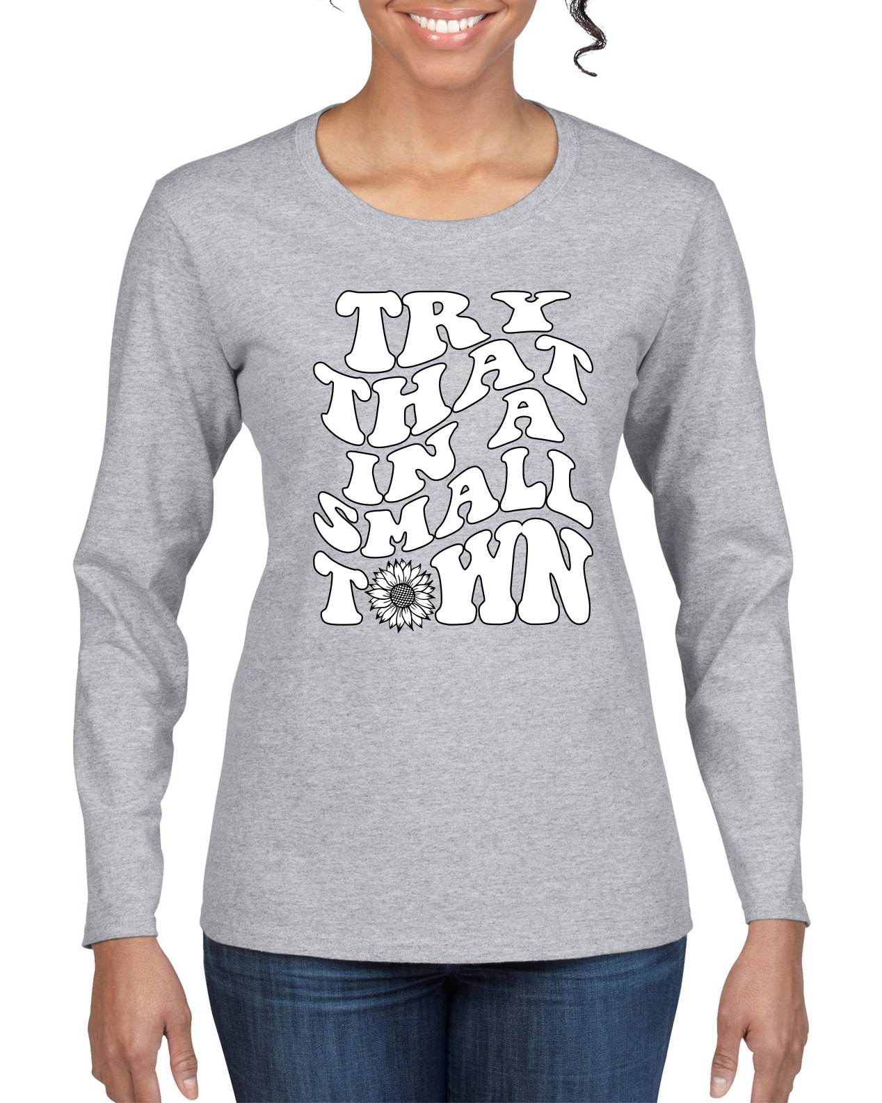 Camisa de manga larga Try That in a Small Town Groovy Letters American Pride para mujer - Imagen 4 de 7