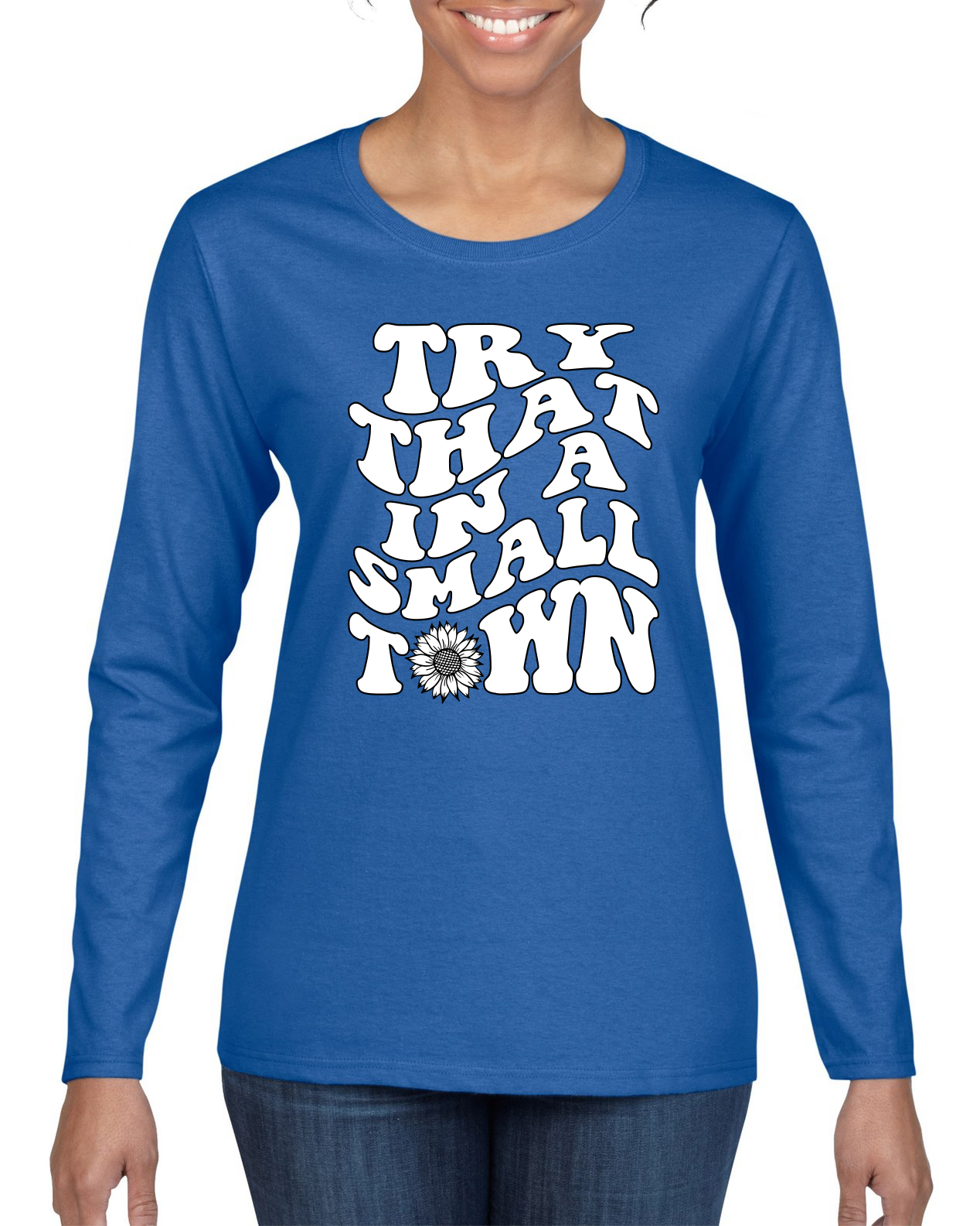 Camisa de manga larga Try That in a Small Town Groovy Letters American Pride para mujer - Imagen 7 de 7