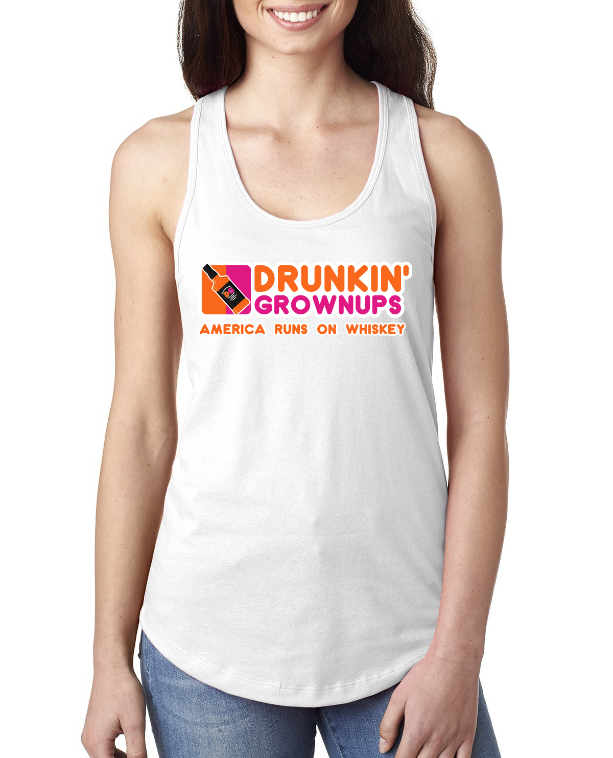 Top sin mangas Drunkin Grownups America Runs On Whisky Damas Racerback - Imagen 4 de 5