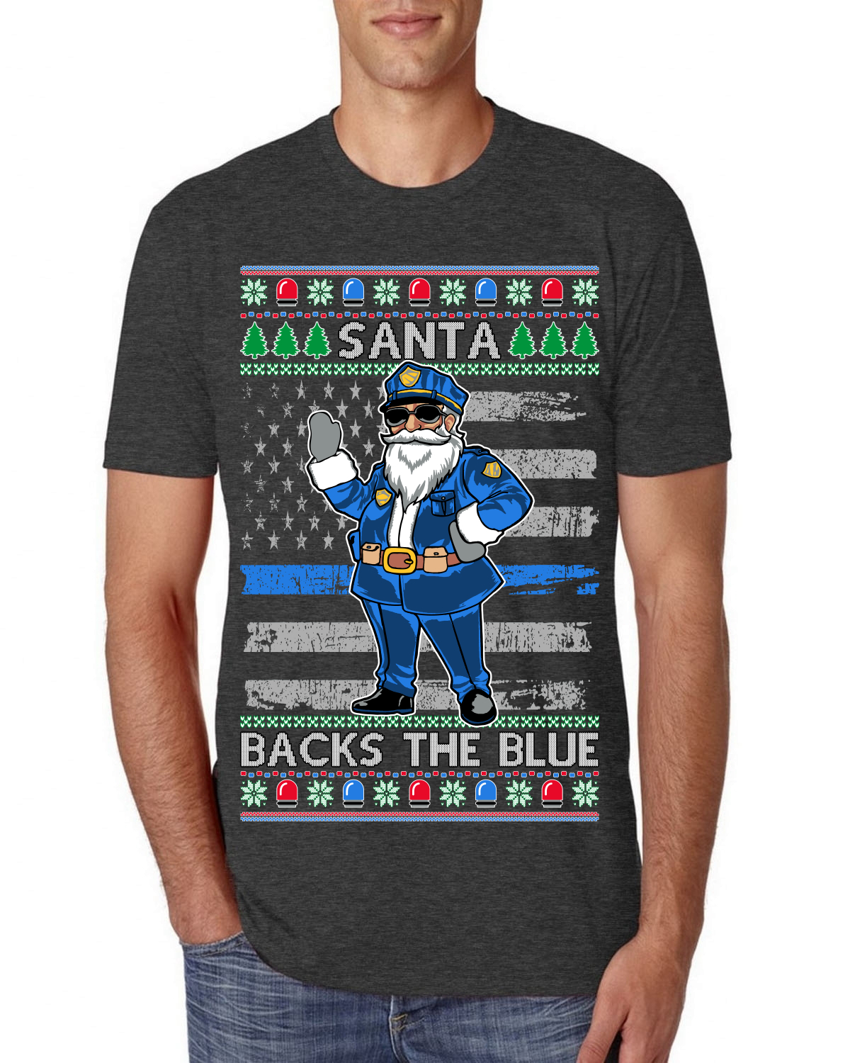 Santa Backs The Blue Pro Police Law Enforcement Santa Claus Mens Premium TShirt - Picture 7 of 17