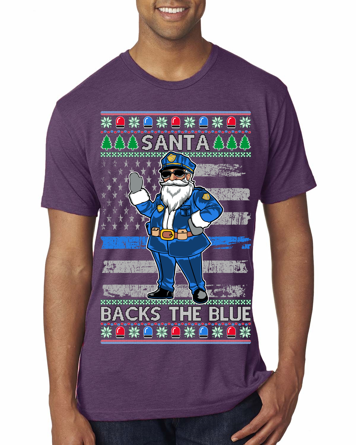 Santa Backs The Blue Pro Police Law Enforcement Santa Claus Mens Premium TShirt - Picture 9 of 17