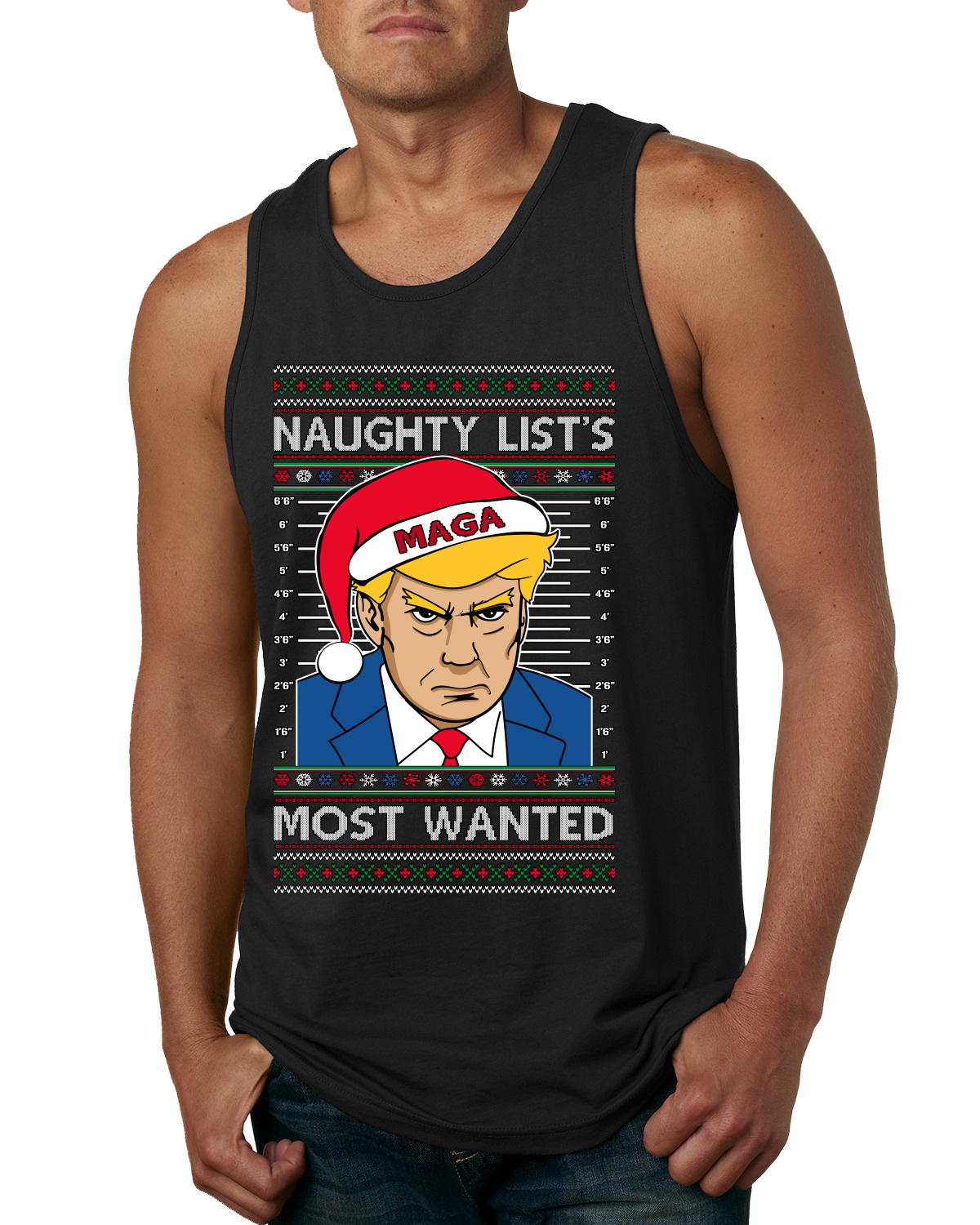 Camiseta sin mangas Naughty List's Most Wanted Trump Mugshot para hombre - Imagen 3 de 9