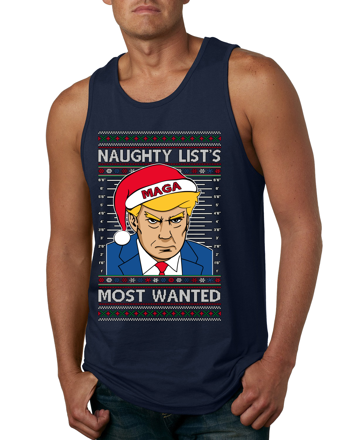 Camiseta sin mangas Naughty List's Most Wanted Trump Mugshot para hombre - Imagen 6 de 9