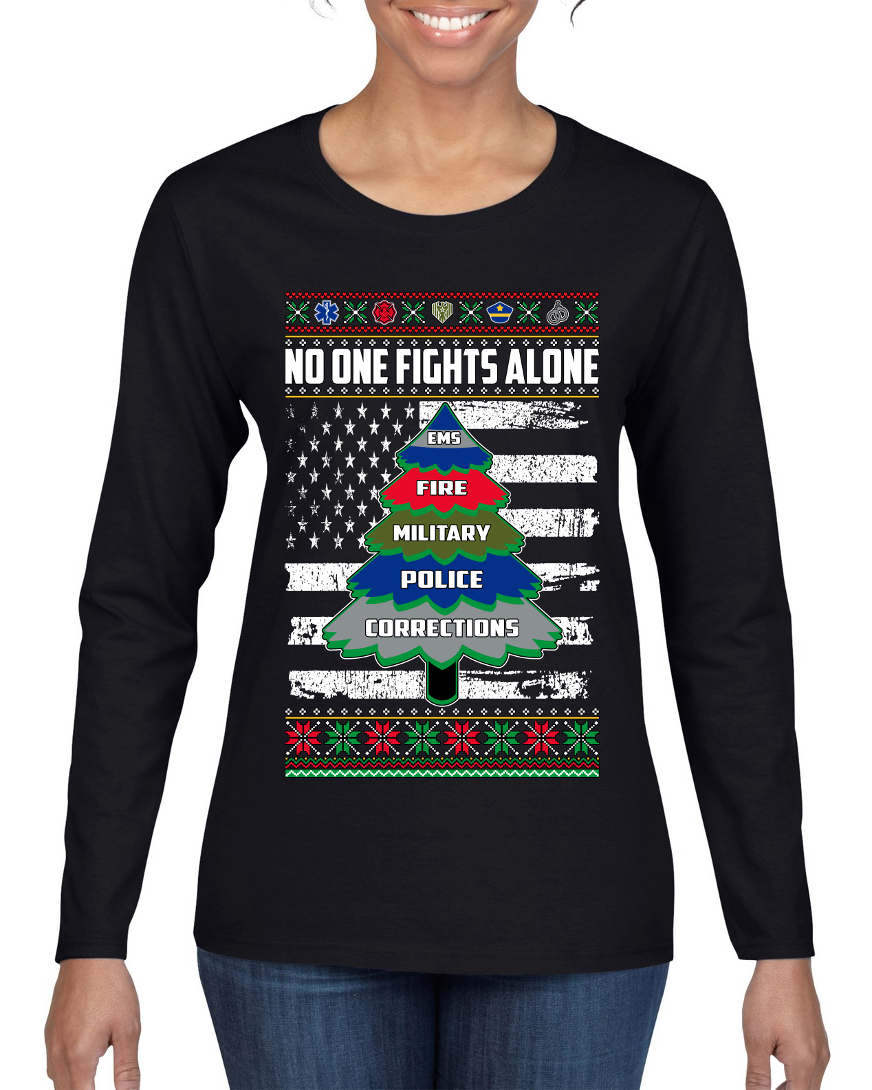 No One Fights Alone Holiday First Responder Police Fire Emt Women Long Sleeve - Picture 2 of 9