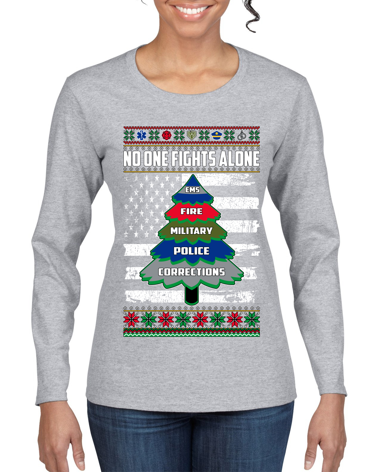 No One Fights Alone Holiday First Responder Police Fire Emt Women Long Sleeve - Picture 3 of 9