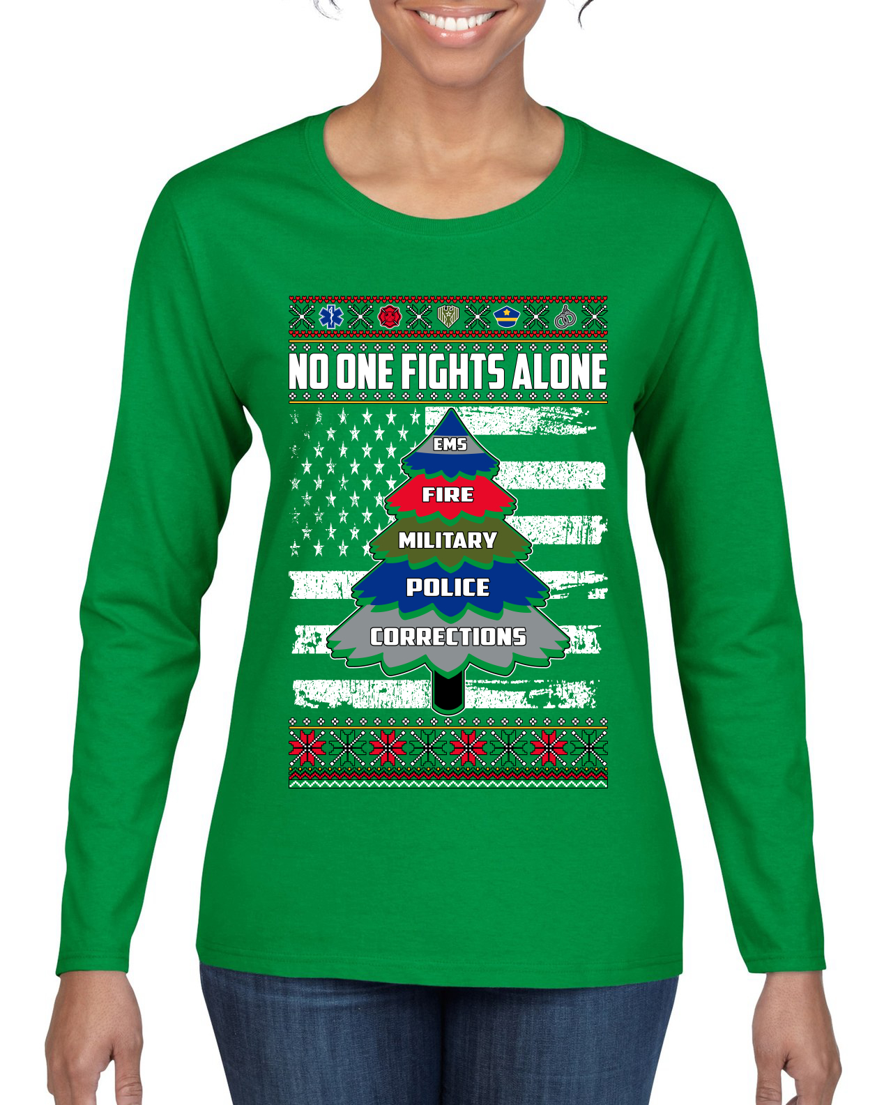 No One Fights Alone Holiday First Responder Police Fire Emt Women Long Sleeve - Picture 4 of 9