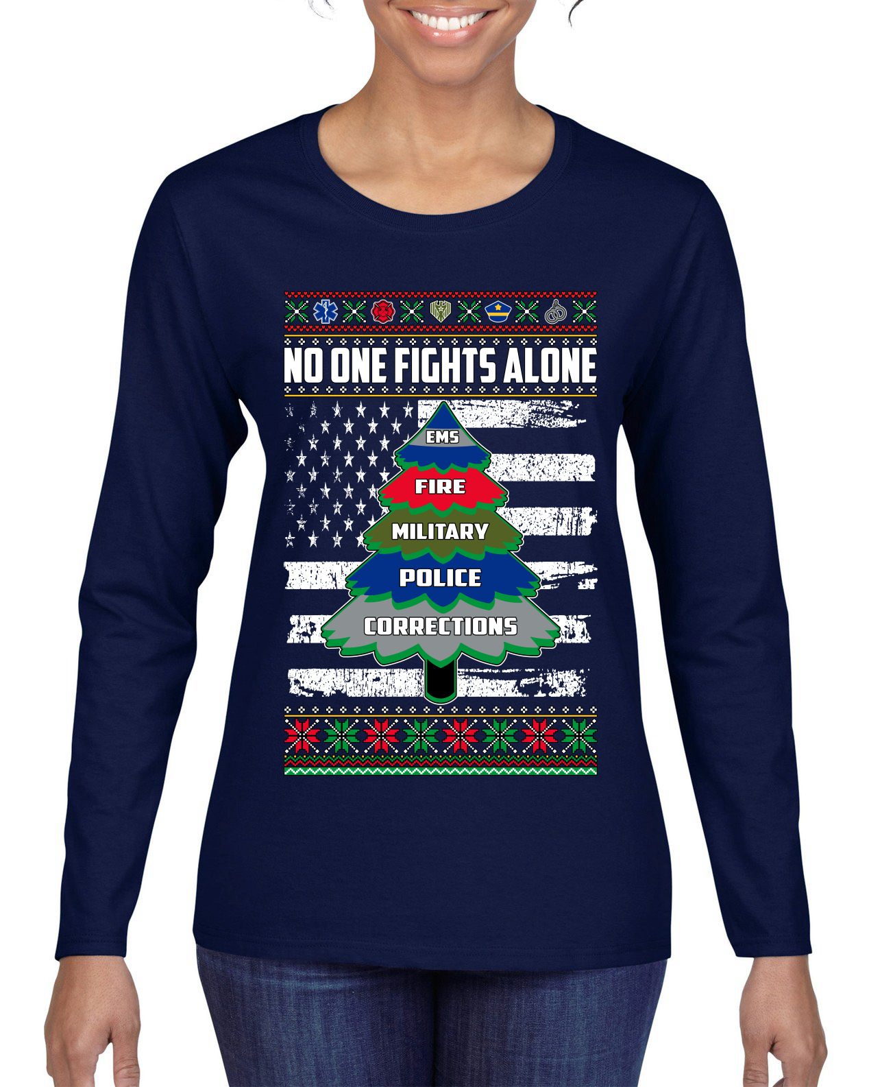 No One Fights Alone Holiday First Responder Police Fire Emt Women Long Sleeve - Picture 5 of 9