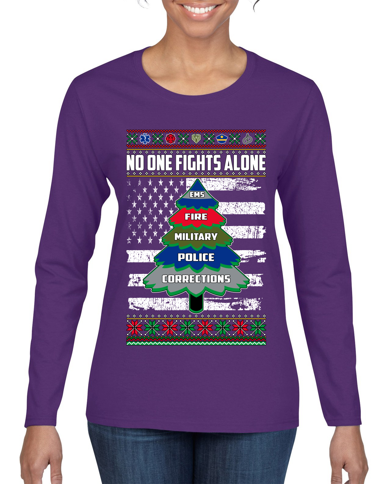 No One Fights Alone Holiday First Responder Police Fire Emt Women Long Sleeve - Picture 6 of 9