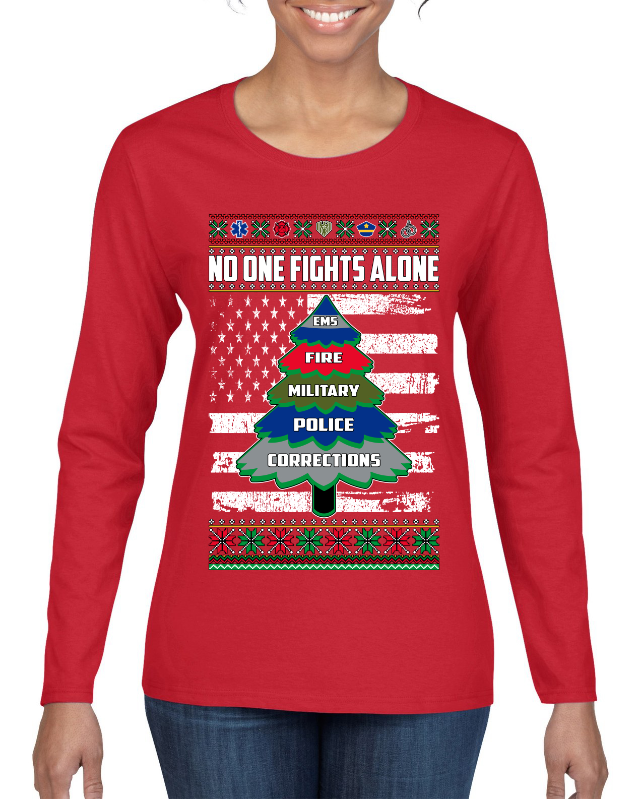 No One Fights Alone Holiday First Responder Police Fire Emt Women Long Sleeve - Picture 7 of 9
