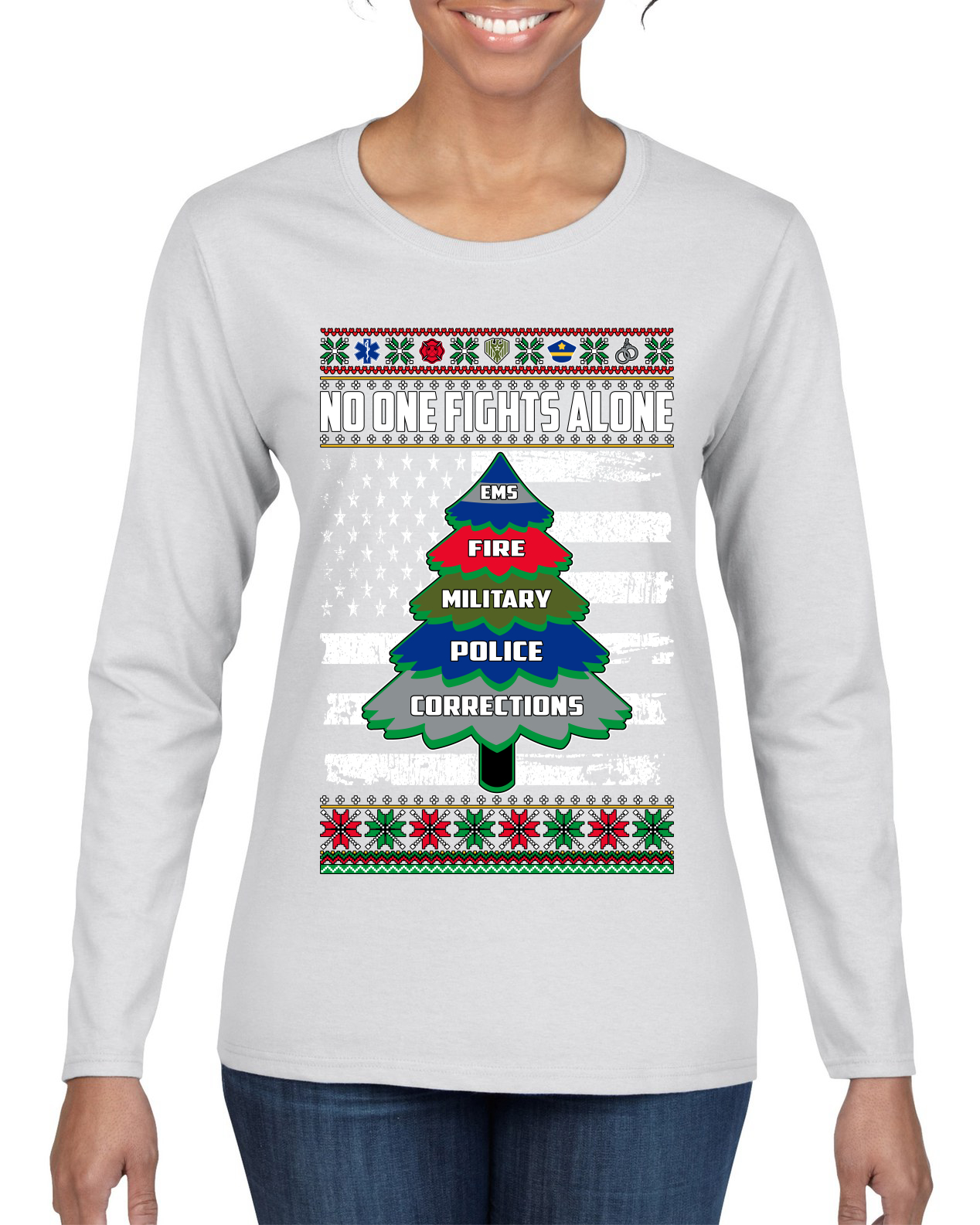 No One Fights Alone Holiday First Responder Police Fire Emt Women Long Sleeve - Picture 9 of 9