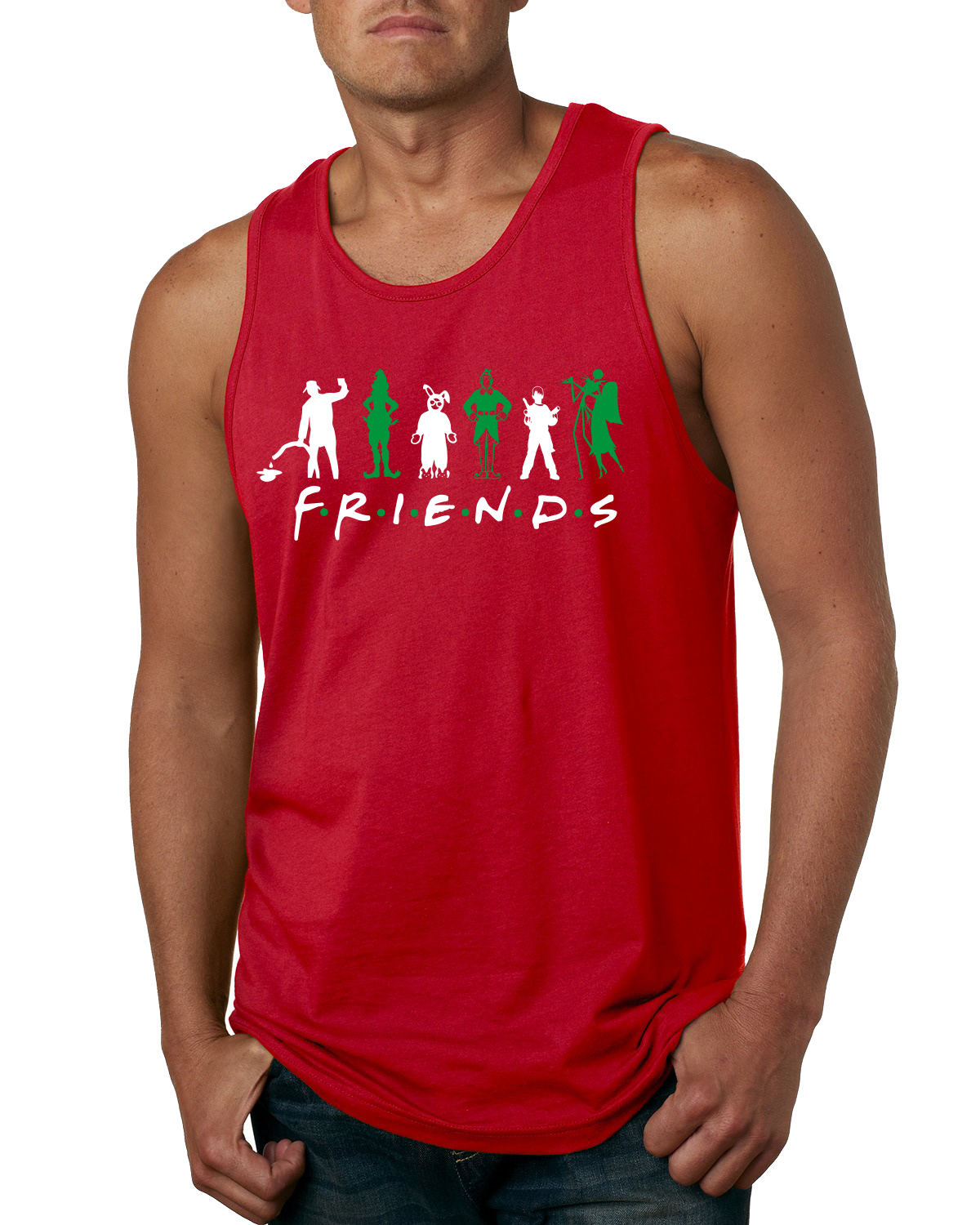 Iconic Holiday Movie Characters Friends Parody Green White Men Tank Top - Picture 3 of 3