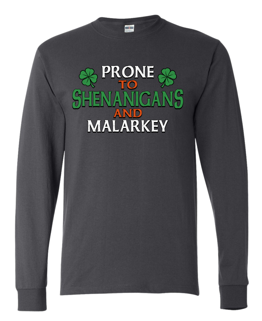 Prone To Shenanigans And Malarkey Clovers Mens Long Sleeve Shirt - Picture 3 of 6
