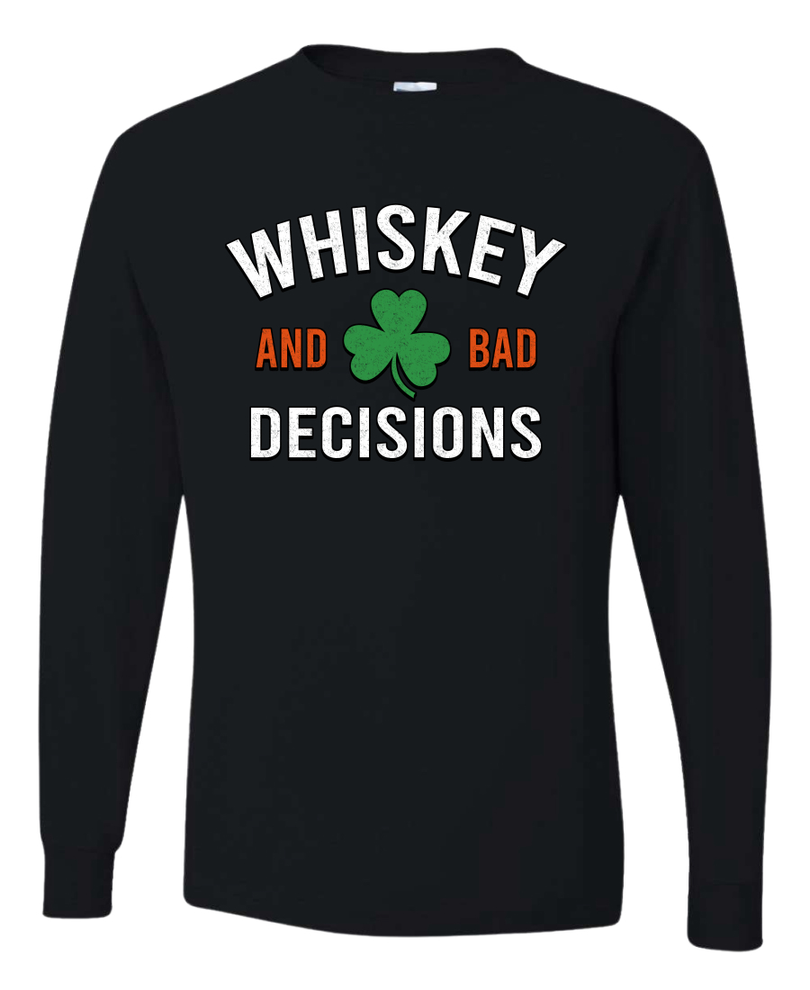 Whiskey And Bad Decisions Clover Mens Long Sleeve Shirt - Picture 2 of 6