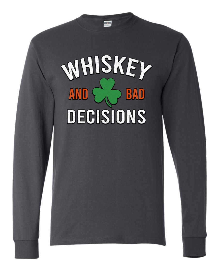 Whiskey And Bad Decisions Clover Mens Long Sleeve Shirt - Picture 3 of 6
