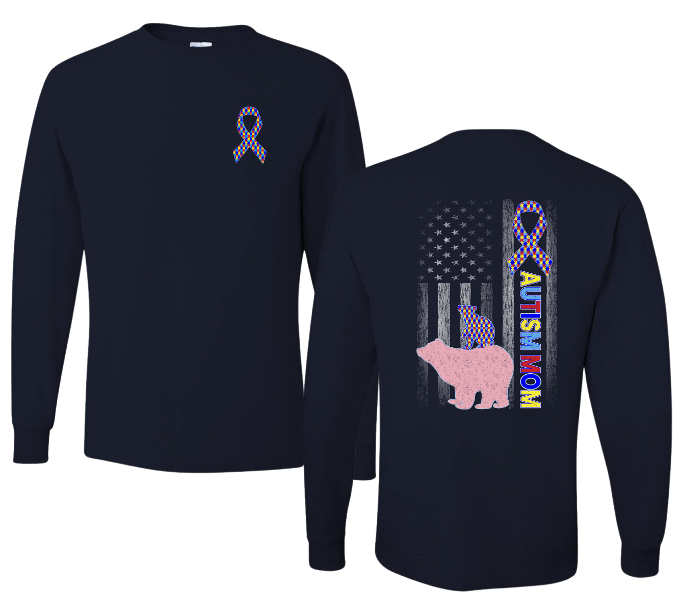 Autism Awareness Mom Bear Puzzle Autism Ribbon Mens Long Sleeve Shirt - Picture 7 of 8