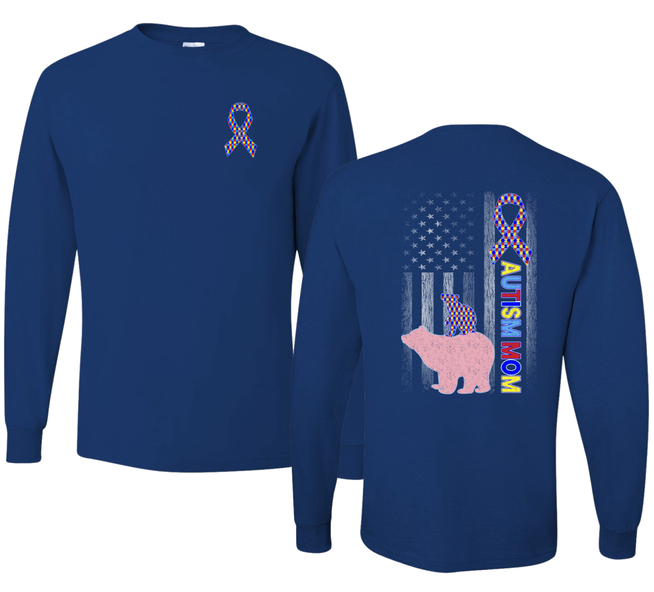 Autism Awareness Mom Bear Puzzle Autism Ribbon Mens Long Sleeve Shirt - Picture 8 of 8