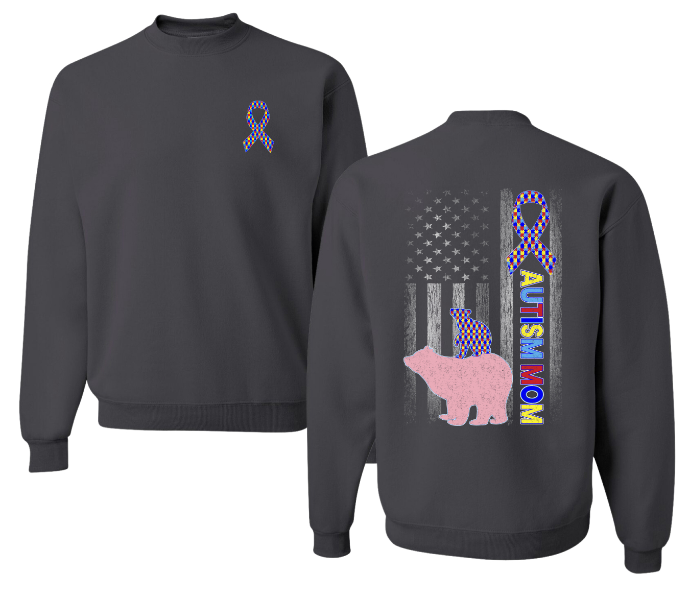 Autism Awareness Mom Bear Puzzle Autism Ribbon Unisex Crewneck Sweatshirt - Picture 4 of 9