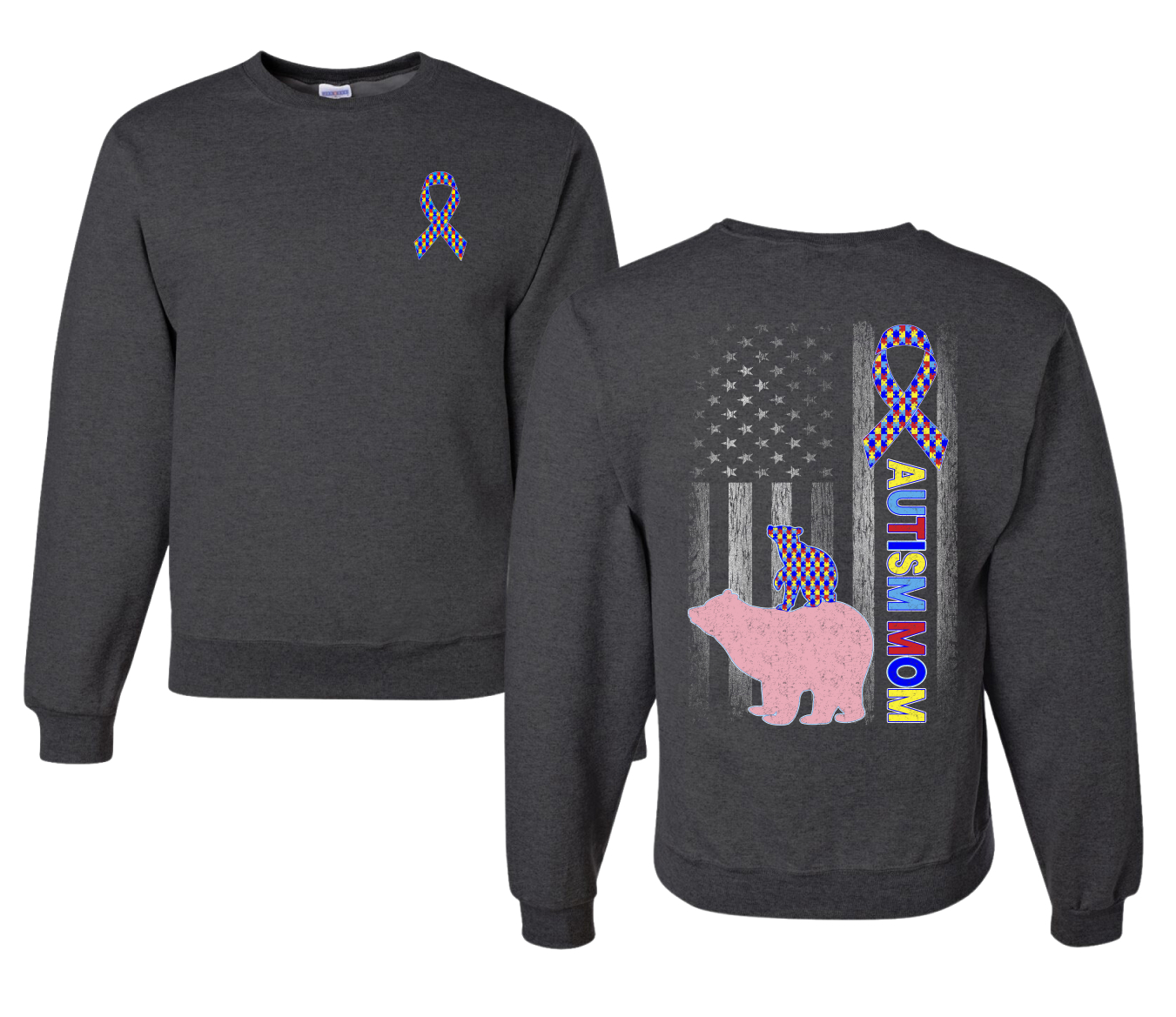 Autism Awareness Mom Bear Puzzle Autism Ribbon Unisex Crewneck Sweatshirt - Picture 5 of 9