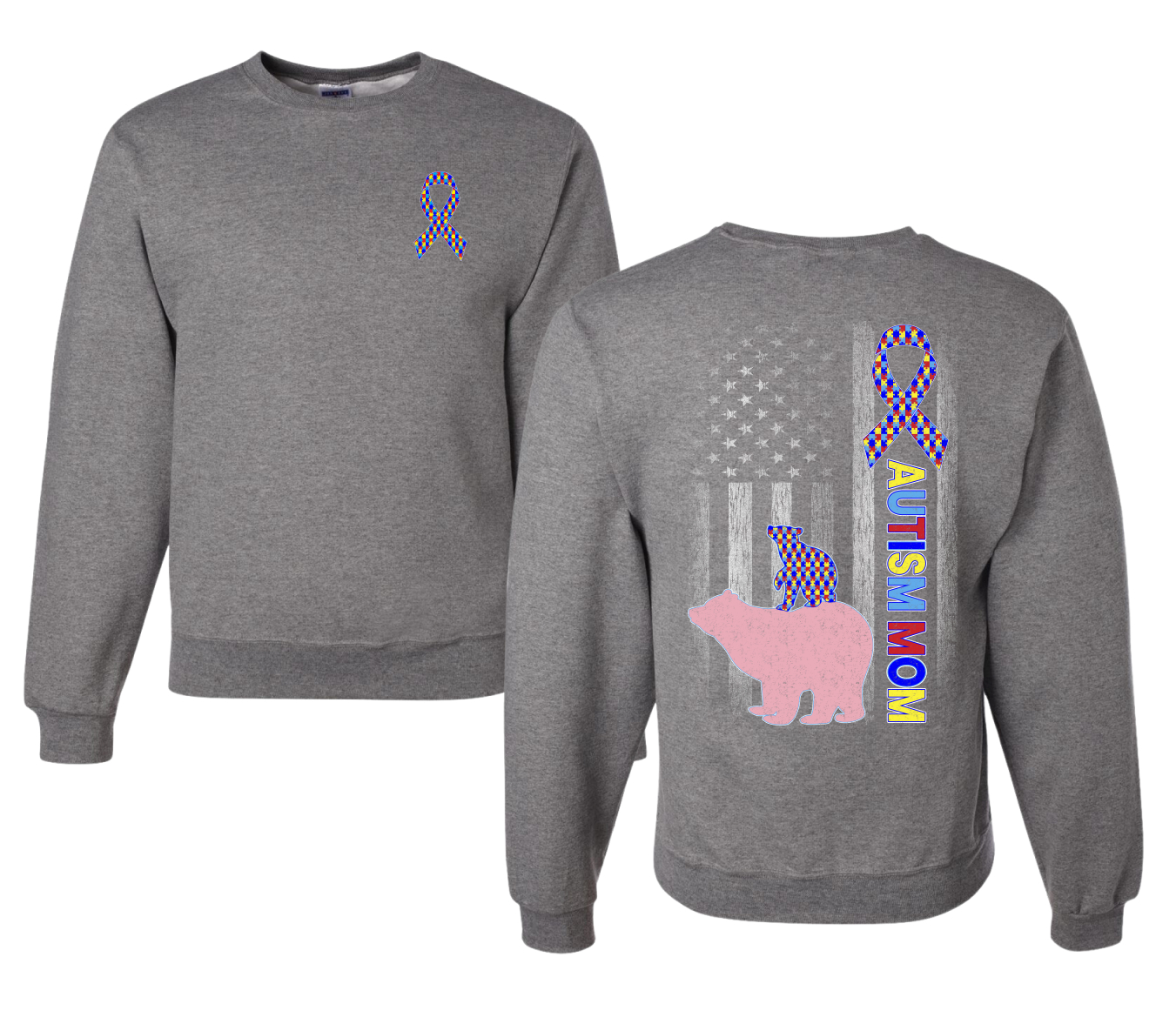 Autism Awareness Mom Bear Puzzle Autism Ribbon Unisex Crewneck Sweatshirt - Picture 6 of 9