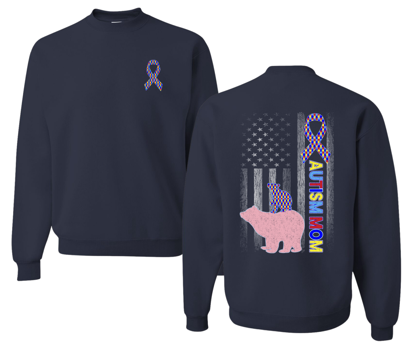 Autism Awareness Mom Bear Puzzle Autism Ribbon Unisex Crewneck Sweatshirt - Picture 7 of 9