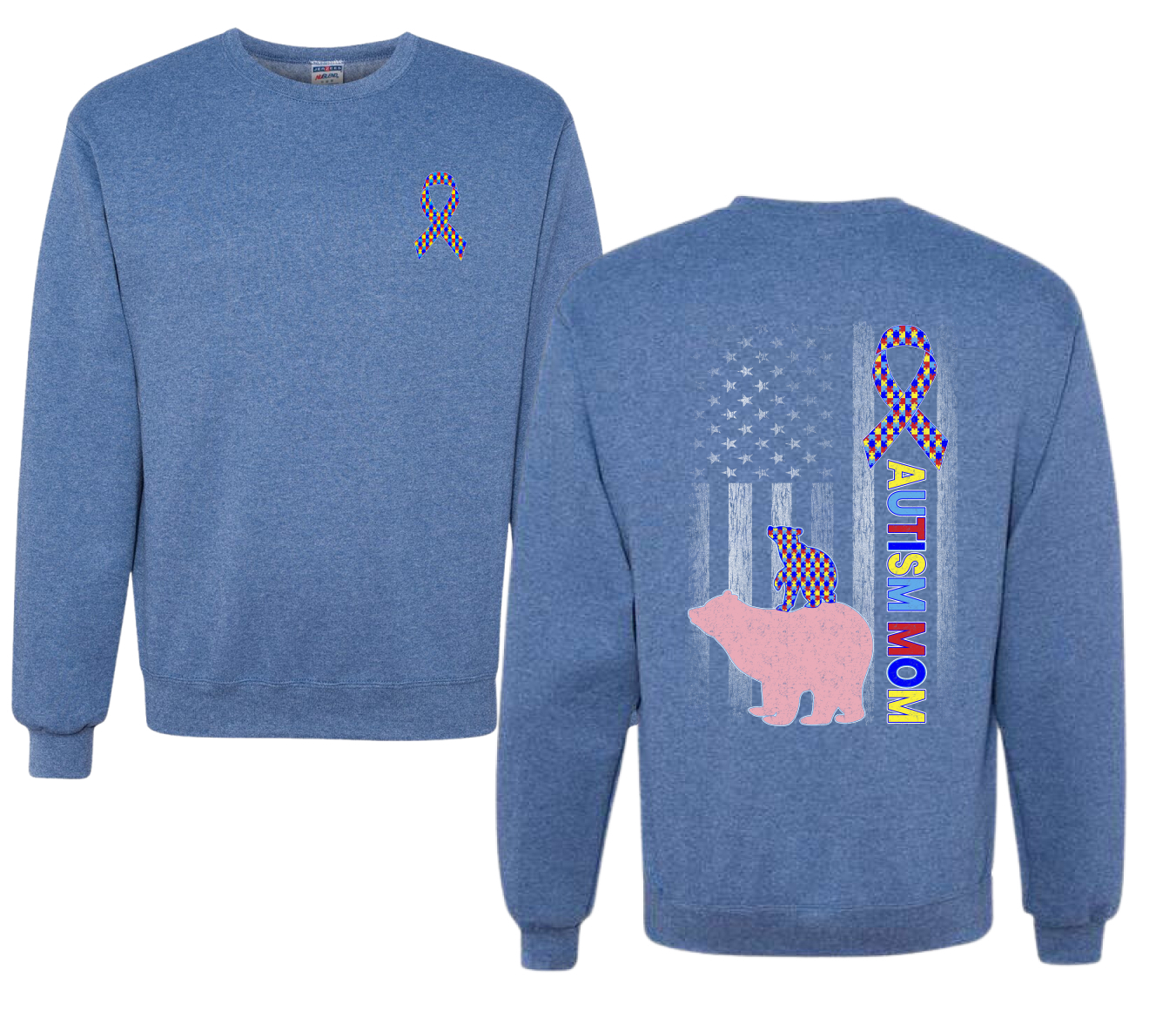 Autism Awareness Mom Bear Puzzle Autism Ribbon Unisex Crewneck Sweatshirt - Picture 9 of 9