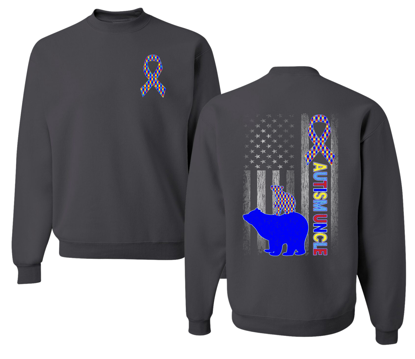 Autism Awareness Uncle Bear Puzzle Autism Ribbon Unisex Crewneck Sweatshirt - Picture 4 of 9
