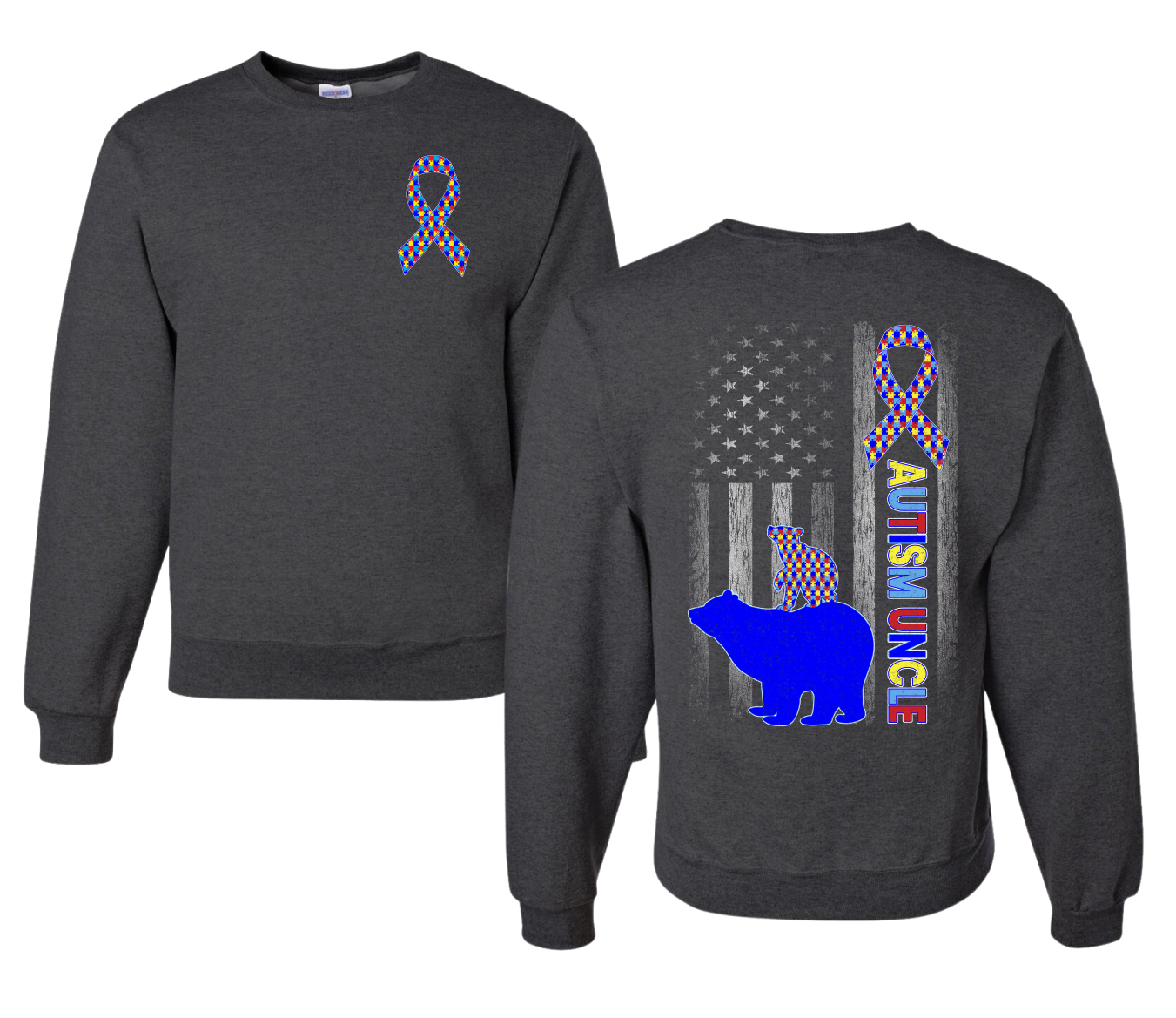 Autism Awareness Uncle Bear Puzzle Autism Ribbon Unisex Crewneck Sweatshirt - Picture 5 of 9