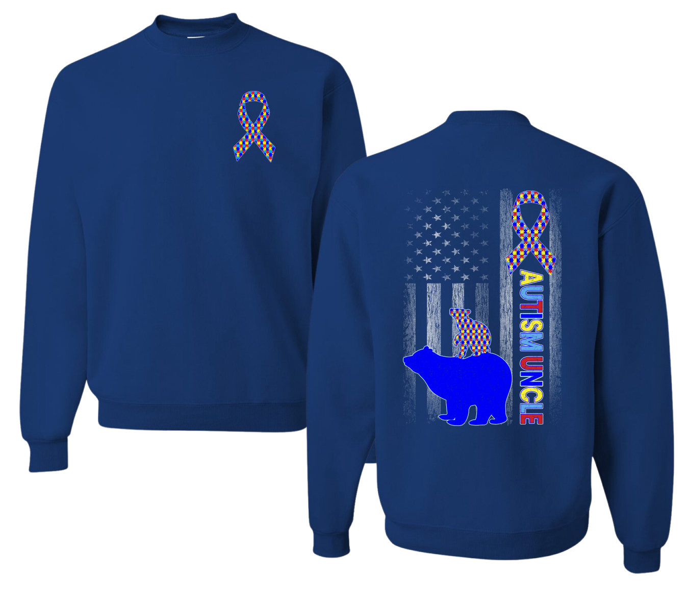 Autism Awareness Uncle Bear Puzzle Autism Ribbon Unisex Crewneck Sweatshirt - Picture 8 of 9