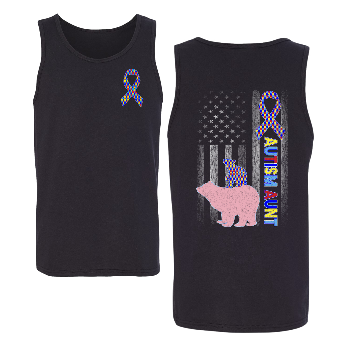 Autism Awareness Aunt Bear Puzzle Autism Ribbon Mens Tank Top - Picture 3 of 6