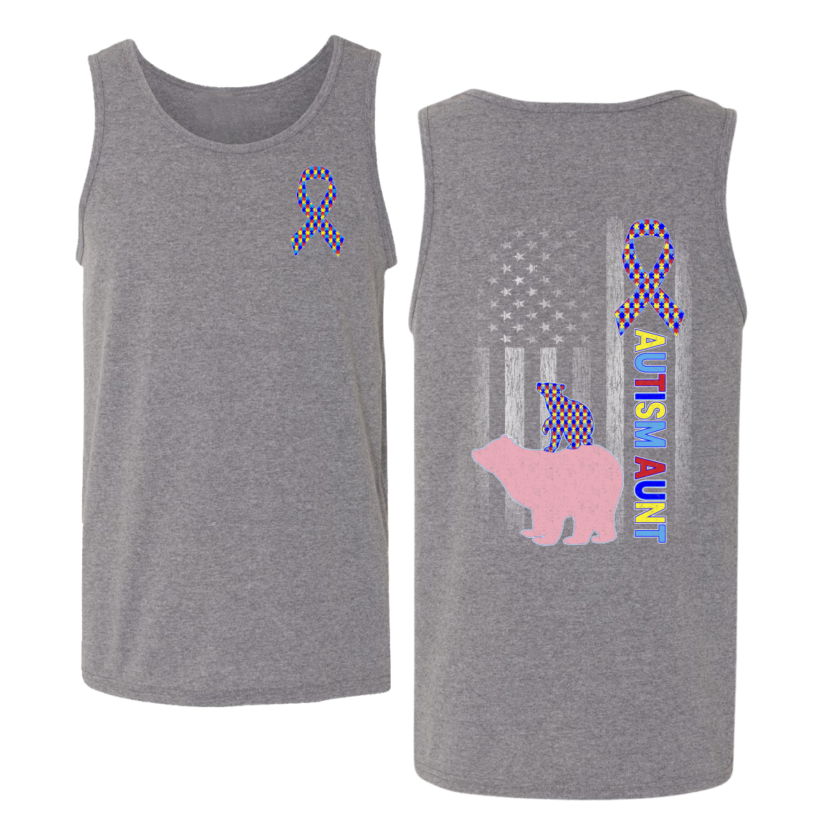 Autism Awareness Aunt Bear Puzzle Autism Ribbon Mens Tank Top - Picture 4 of 6