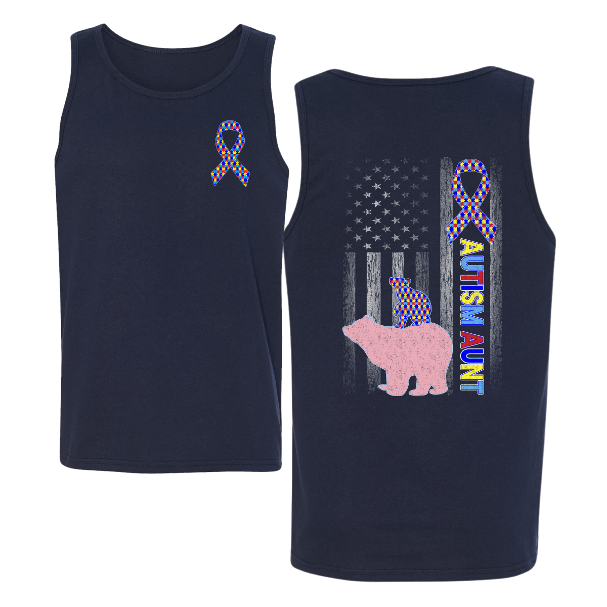 Autism Awareness Aunt Bear Puzzle Autism Ribbon Mens Tank Top - Picture 5 of 6