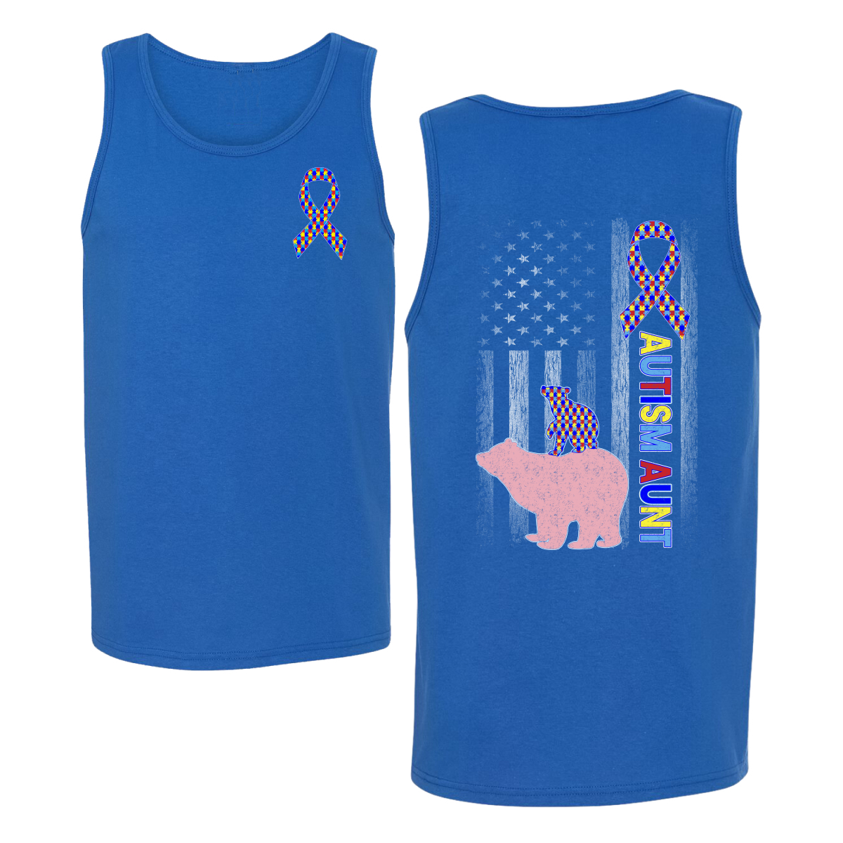 Autism Awareness Aunt Bear Puzzle Autism Ribbon Mens Tank Top - Picture 6 of 6