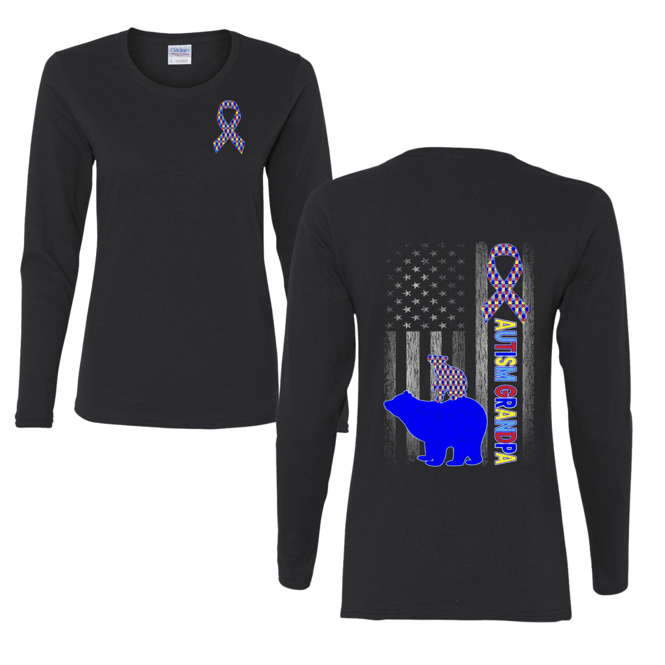 Autism Awareness Grandpa Bear Puzzle Autism Ribbon Womens Long Sleeve T-Shirt - Picture 3 of 6