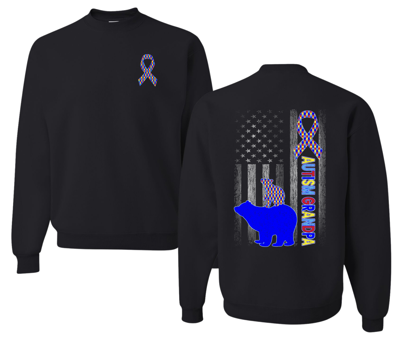Autism Awareness Grandpa Bear Puzzle Autism Ribbon Unisex Crewneck Sweatshirt - Picture 3 of 9